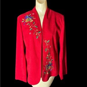 Vintage 90s Southern Lady Red Christmas Embroidered Print Faux Suede Open Blazer